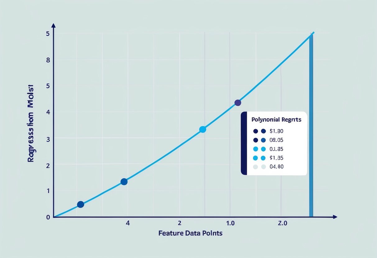A graph with a curved line representing a polynomial regression model, accompanied by scaled feature data points