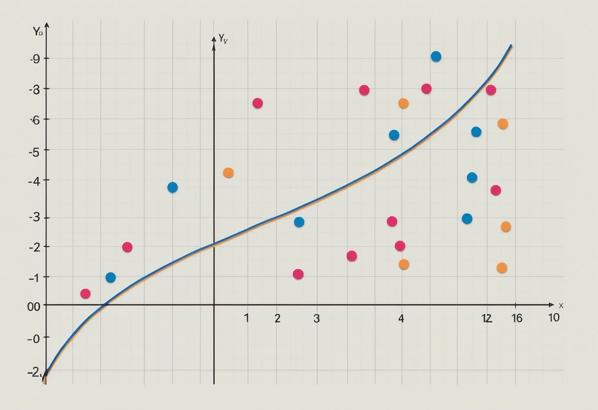 A graph with a curved line representing a polynomial regression model, surrounded by data points scattered across the plot