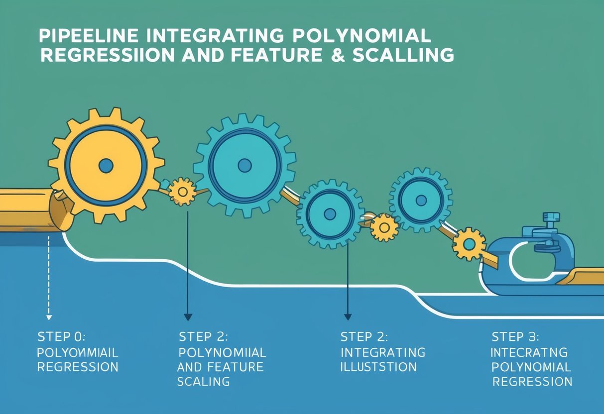 A pipeline flowing through a series of interconnected gears, each representing a step in the process of integrating polynomial regression and feature scaling