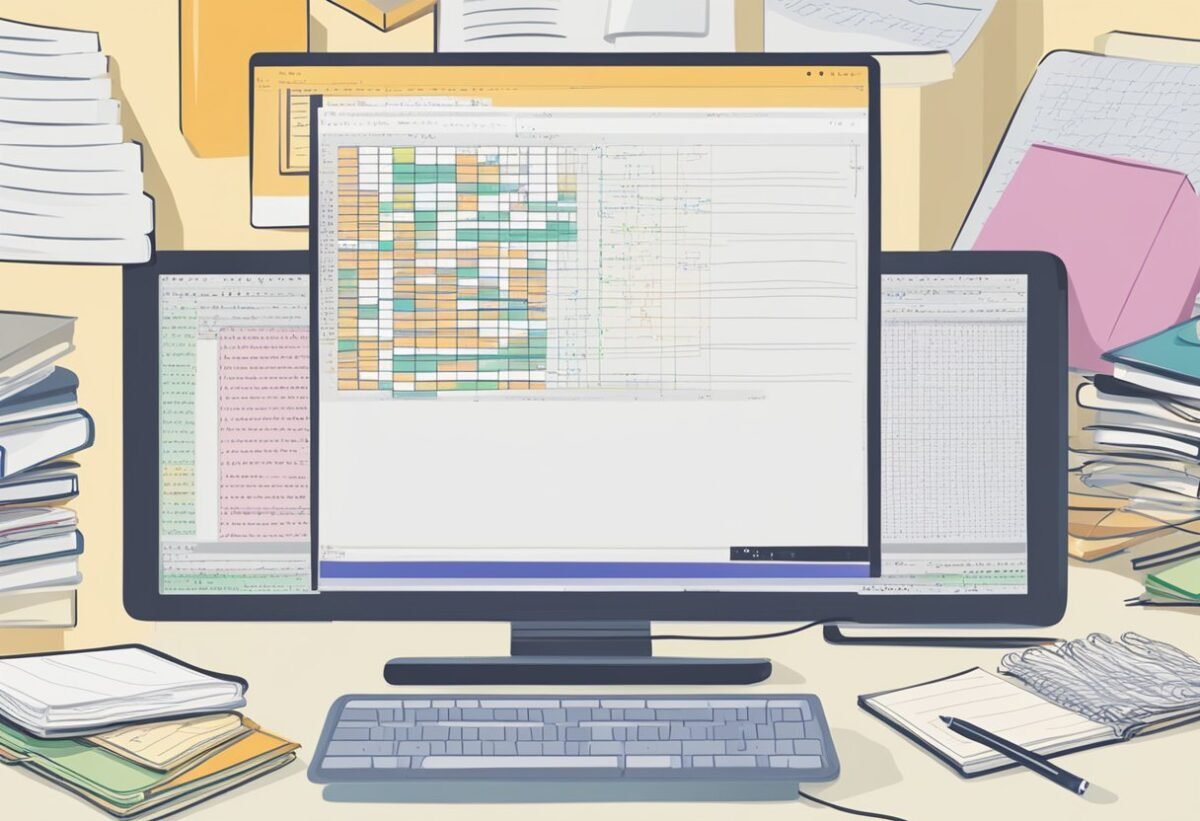 A computer screen displays Python code for binary sort, surrounded by open textbooks and a notebook with handwritten notes