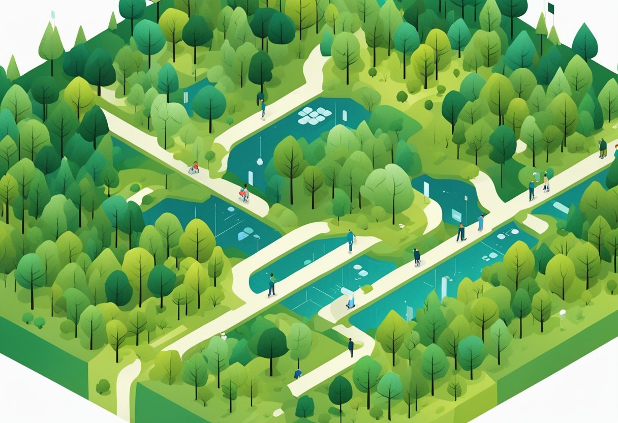 A forest with various types of data (e.g. numbers, categories) scattered throughout, with key hyperparameters (e.g. number of trees, tree depth) hovering above the trees