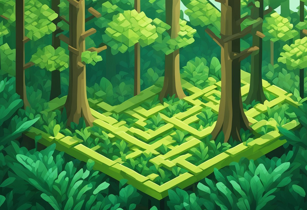 A lush forest with interconnected trees, each representing a key hyperparameter in random forest algorithm. Sunlight filters through the dense canopy, casting dappled shadows on the forest floor