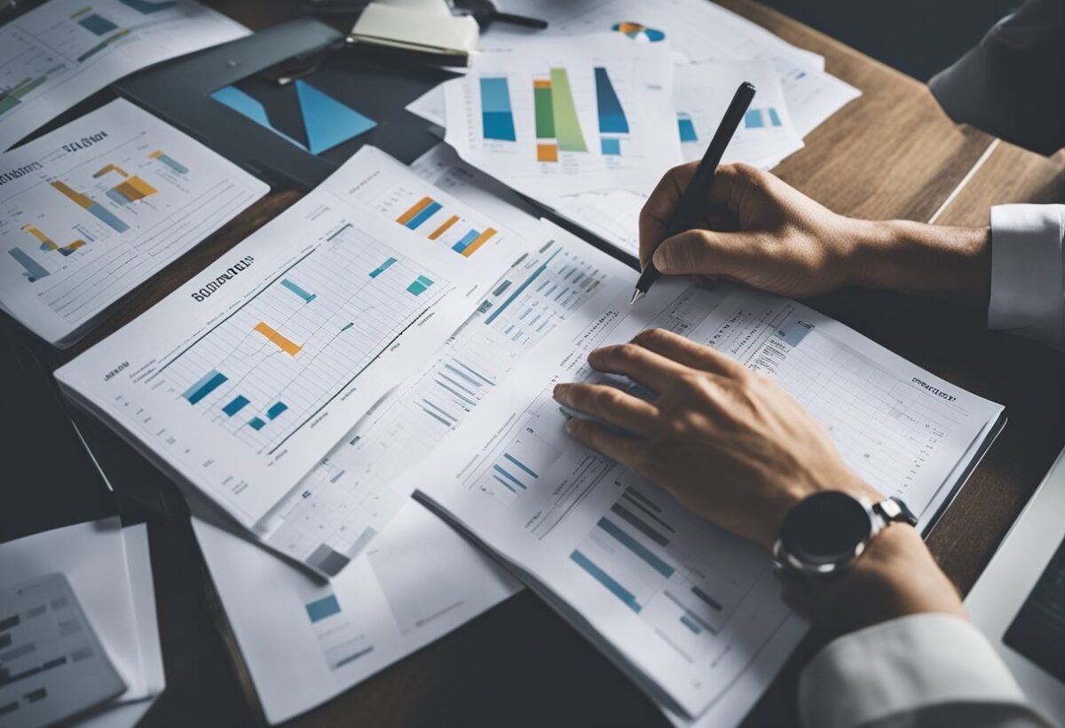 A person surrounded by various types of charts and graphs, studying and comparing them to understand their purposes and applications