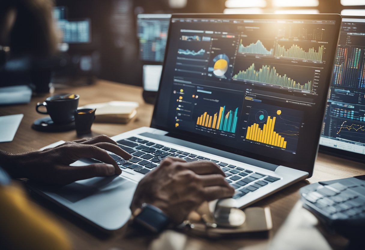 A person working on a computer, analyzing and transforming data formats in Power BI, surrounded by various custom patterns and charts