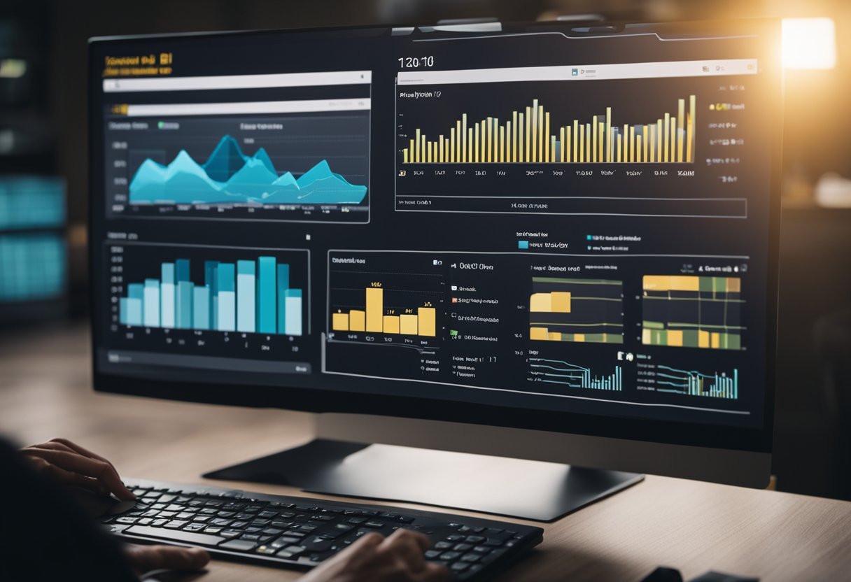 A computer screen displaying various data formats being transformed with AI assistance in Power BI