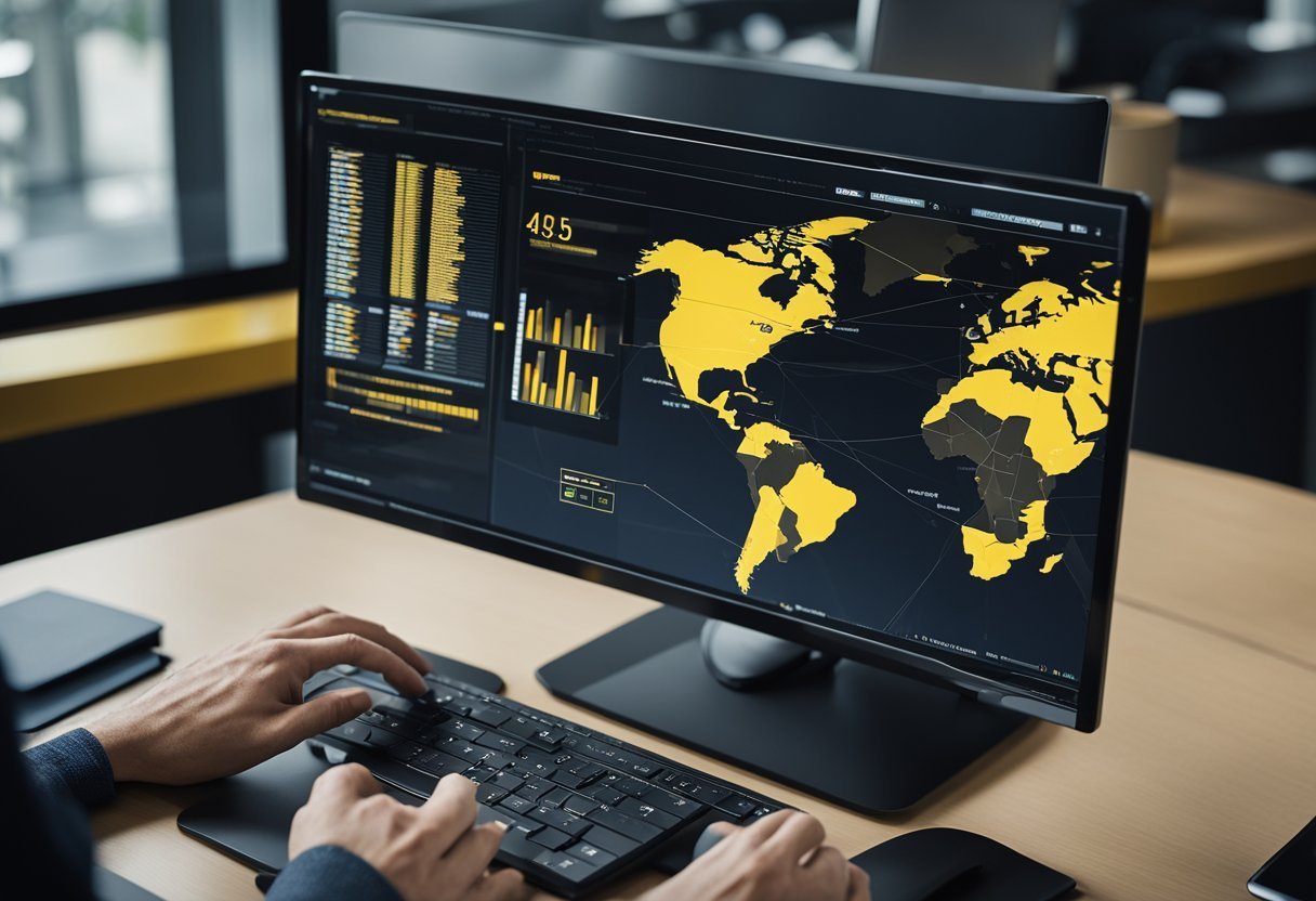 A person using Power BI to transform data formats, with pattern recognition and user-friendly data models displayed on a computer screen