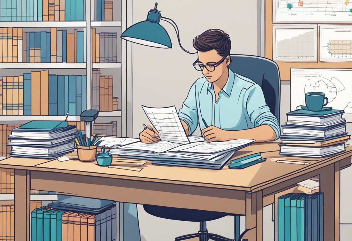 A person at a desk, surrounded by books and papers, working on solving systems of equations using linear algebra for data science