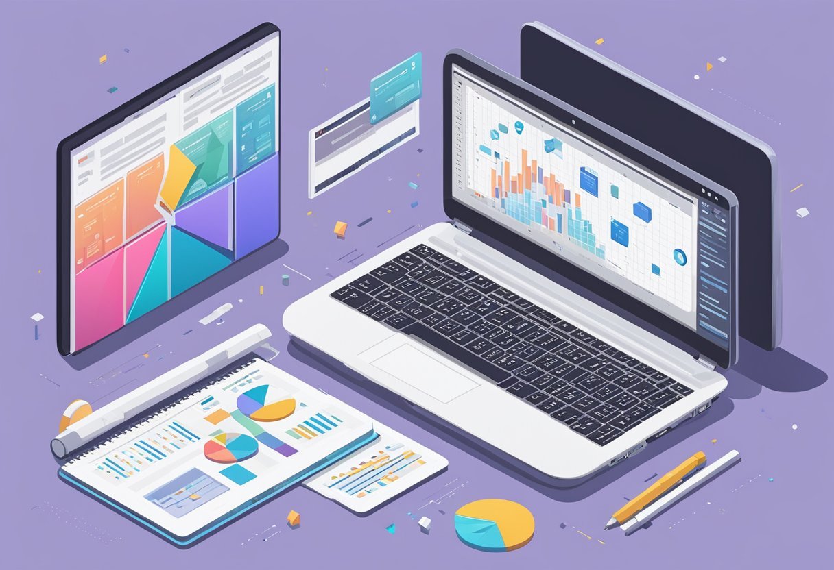 A laptop open to a Pandas data science tutorial, with a notebook and pen beside it, surrounded by scattered data type conversion charts