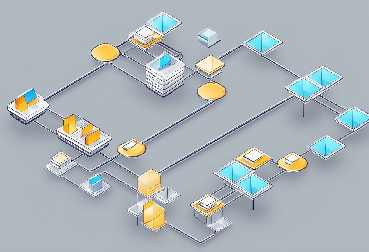A series of interconnected tables and queries with conditional logic, representing the process of combining and comparing data in T-SQL