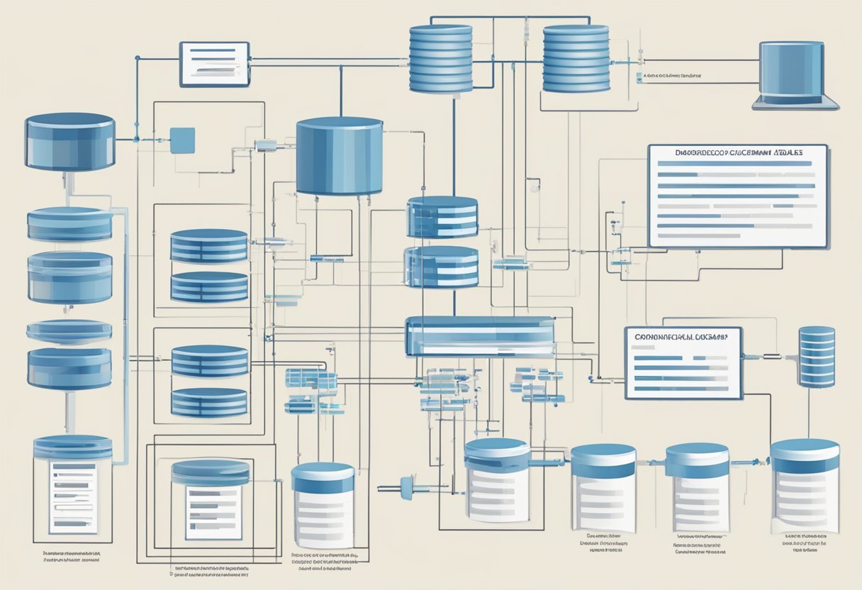 A database schema with interconnected tables and conditional logic flowchart