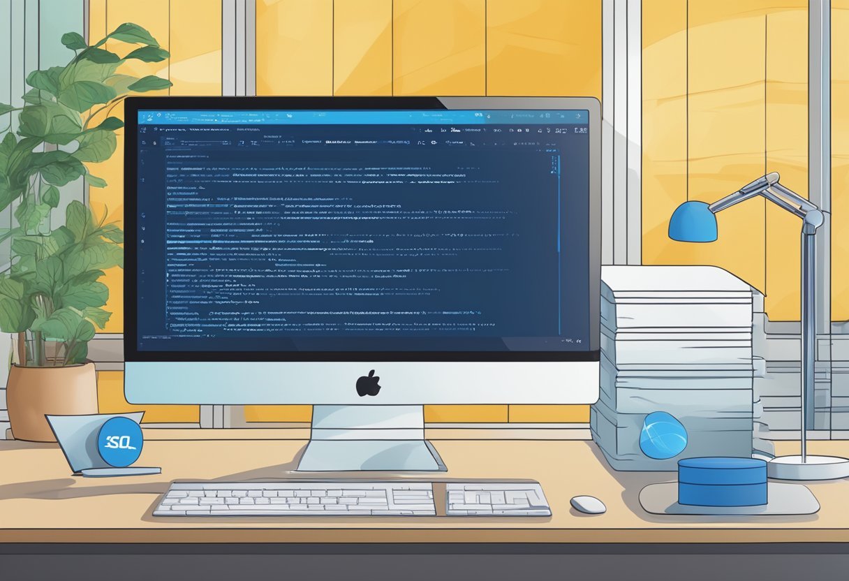 A computer screen displaying T-SQL code with Azure SQL logo in the background