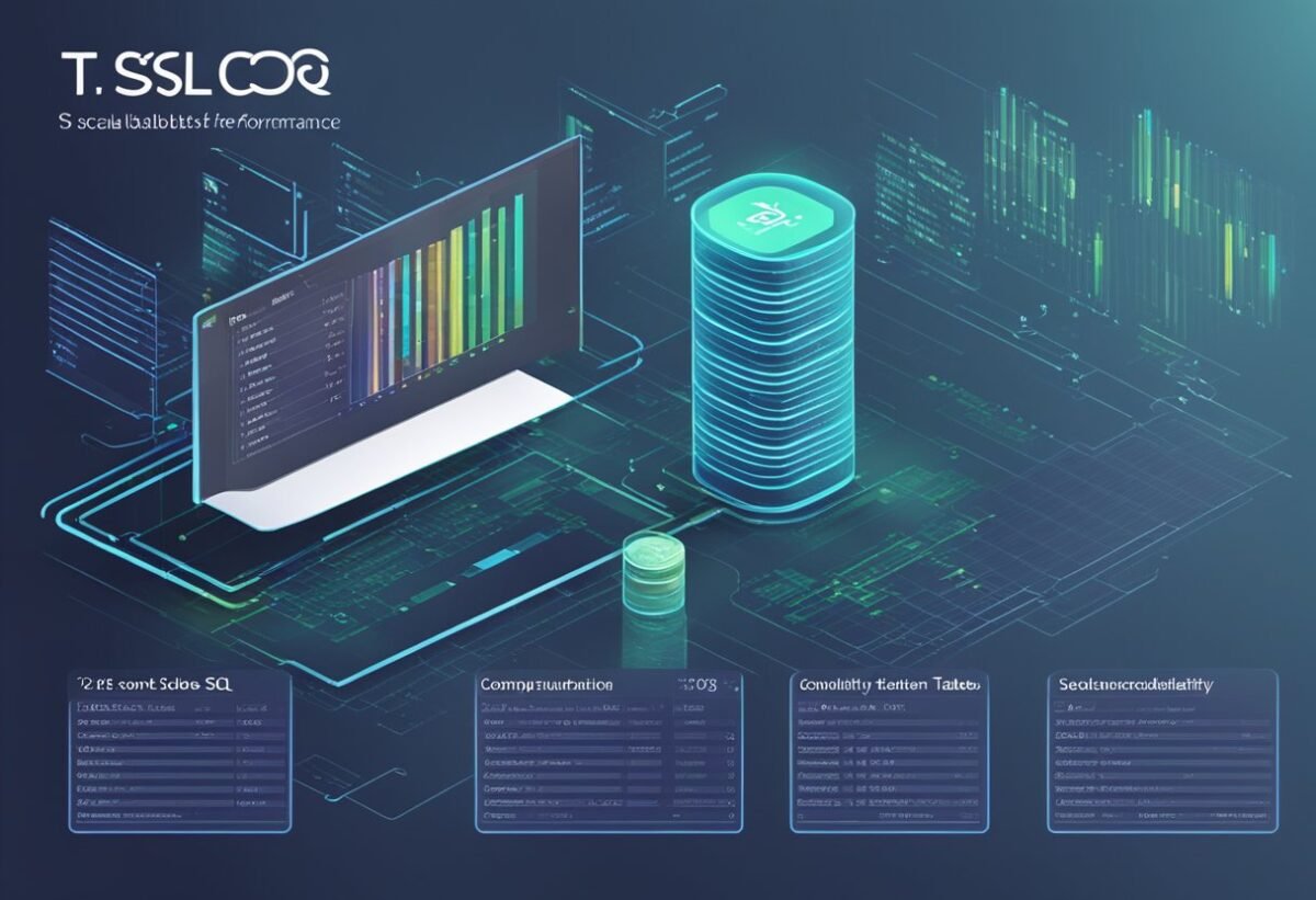 A computer screen displaying T-SQL code for creating tables, with a focus on scalability and performance