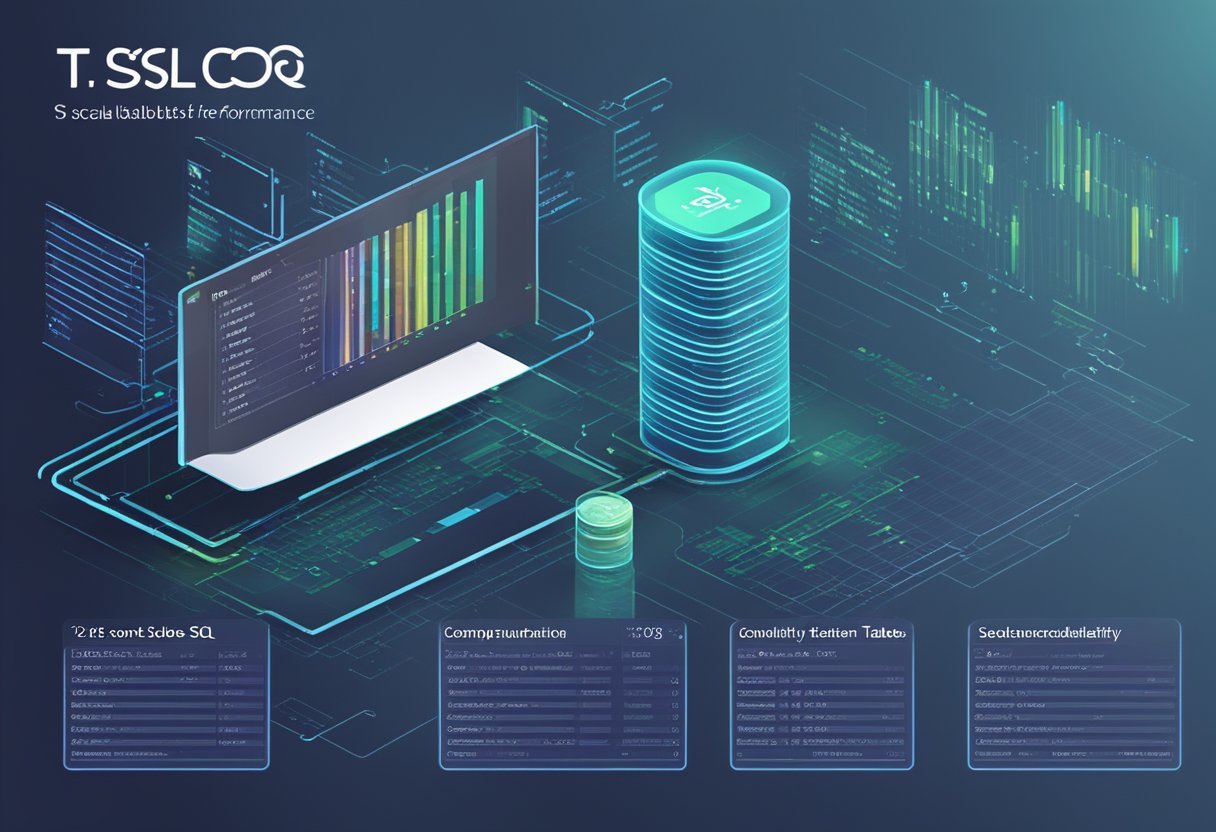 A computer screen displaying T-SQL code for creating tables, with a focus on scalability and performance