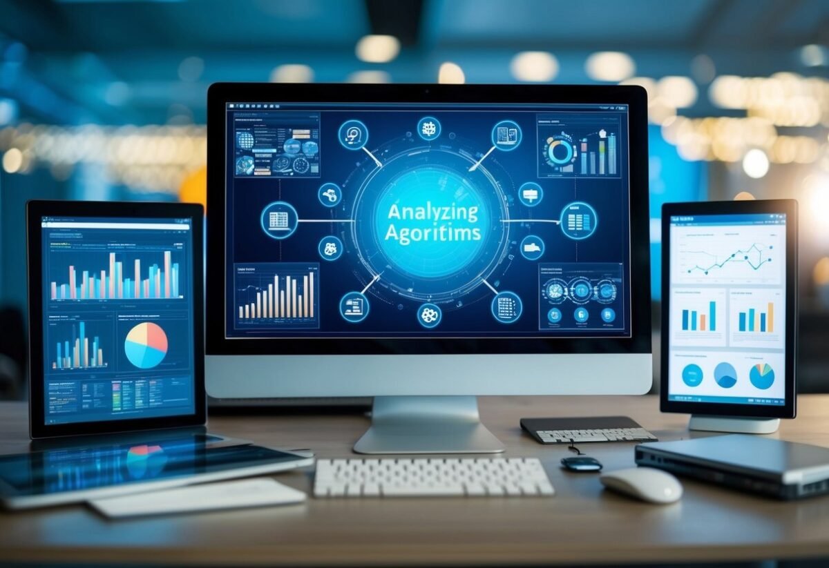 A computer analyzing data with various algorithms, surrounded by digital interfaces and visualizations