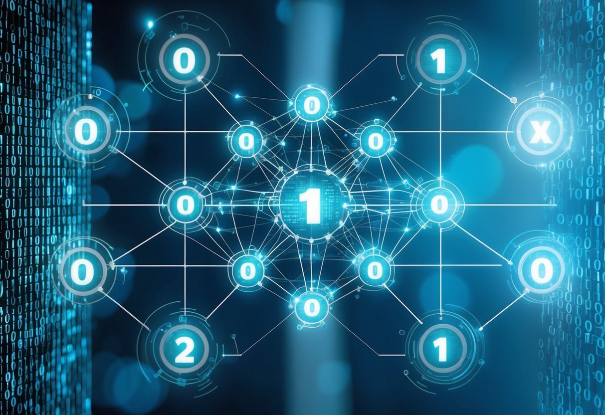A network of interconnected nodes processing data, surrounded by binary code and mathematical equations