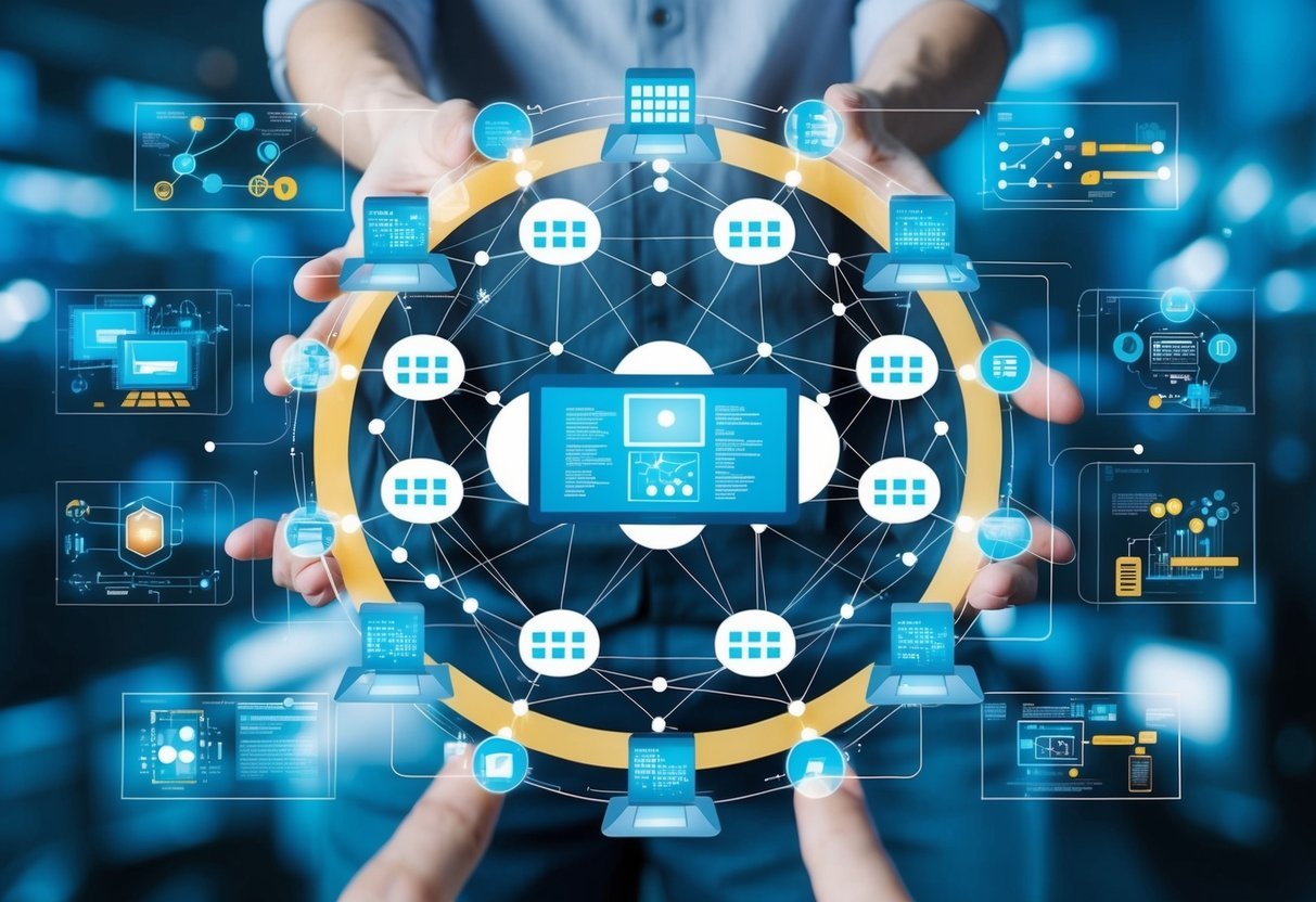 A network of interconnected nodes with data flowing through them, surrounded by various technological tools and frameworks, illustrating the concept of machine learning