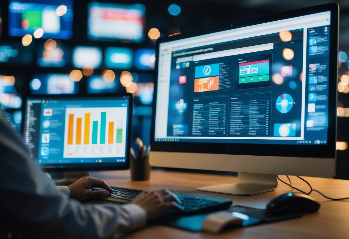A computer analyzing data with various media content displayed on screens