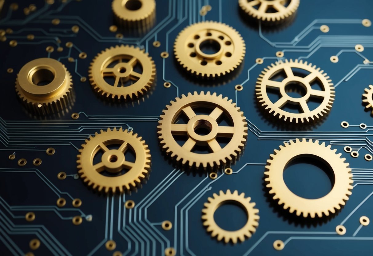 A group of interconnected gears and circuits, symbolizing the complex and interconnected nature of ethical considerations in machine learning