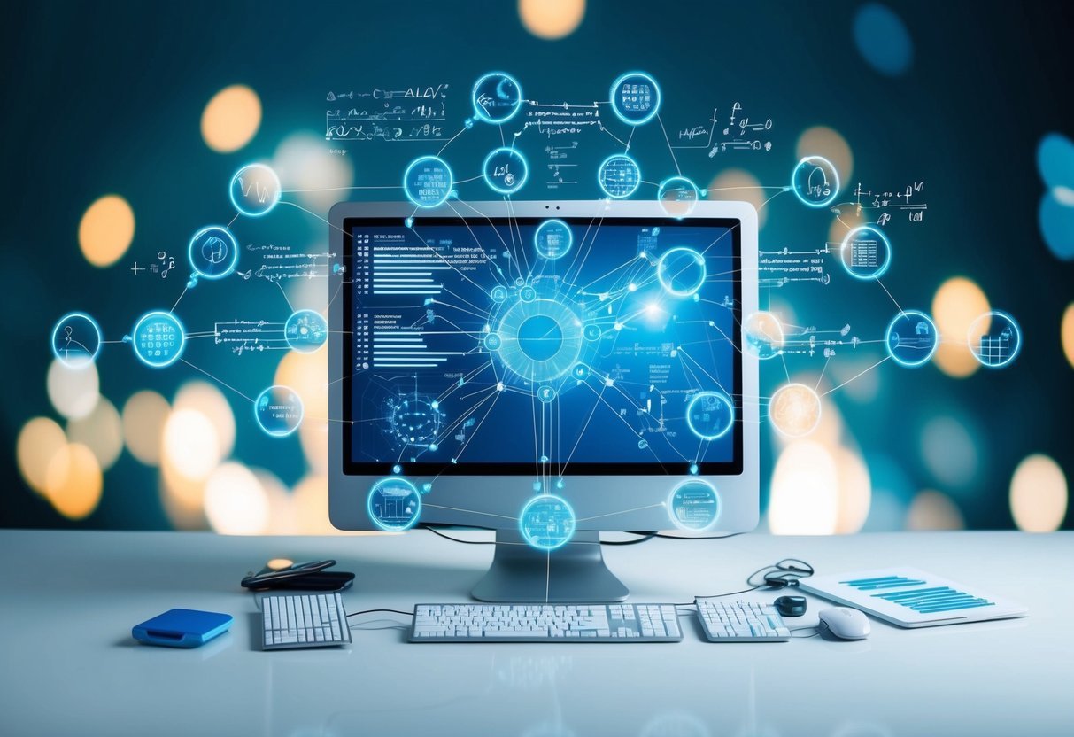 A computer surrounded by interconnected nodes and data streams, with mathematical equations and algorithms floating in the background