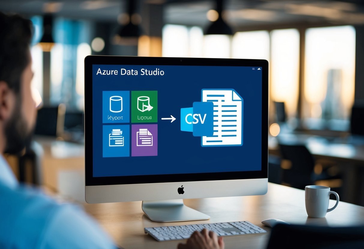 A computer screen displaying Azure Data Studio with export options and CSV format selected