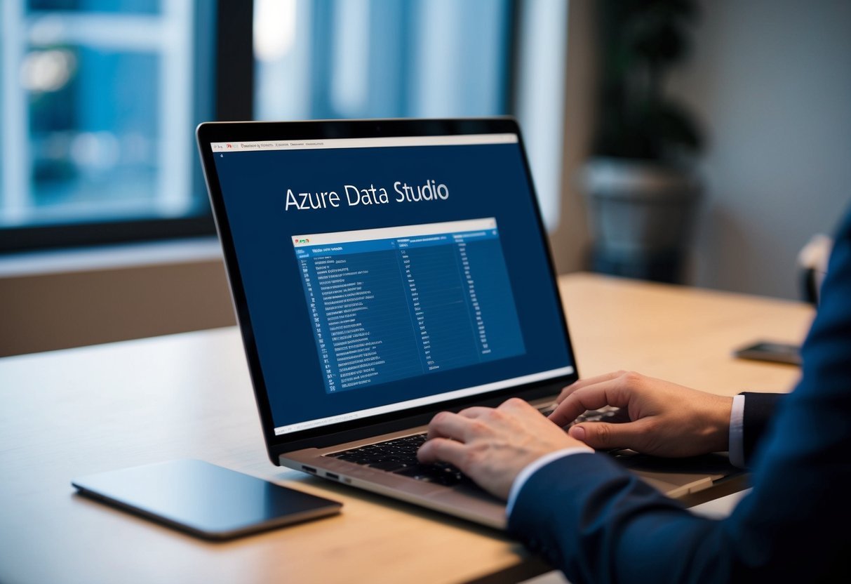 A laptop screen showing Azure Data Studio exporting data as a CSV file