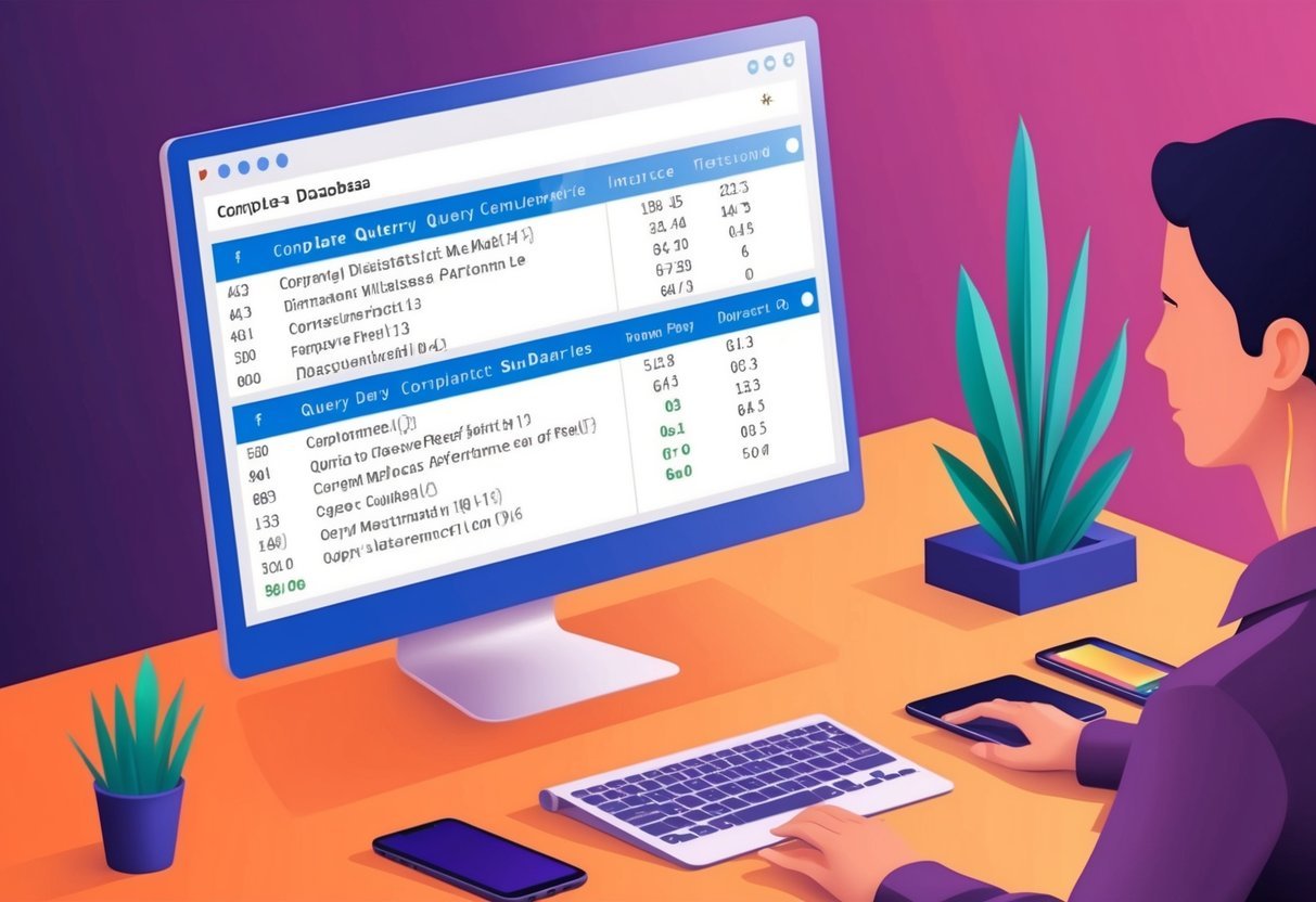 A computer screen displaying a complex database query with multiple correlated subqueries and performance metrics