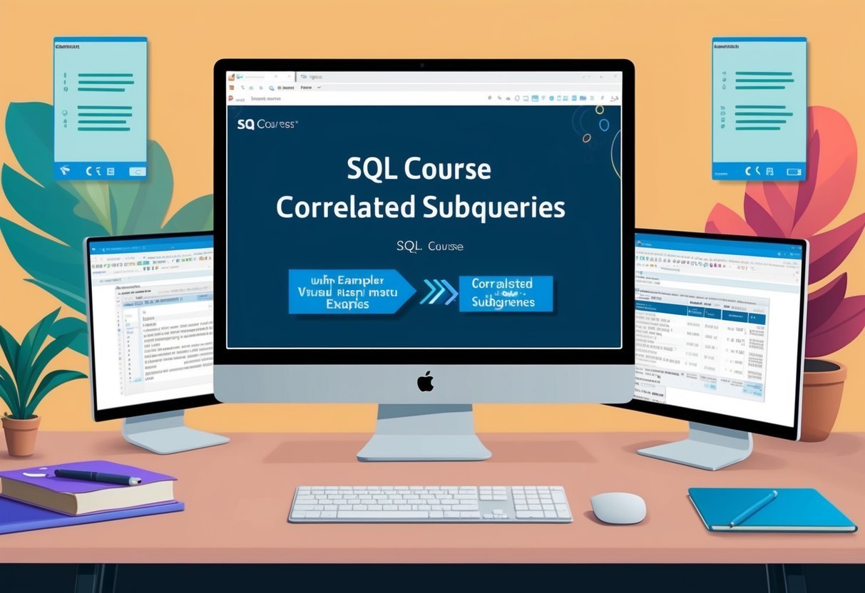 A computer screen displaying a SQL course on correlated subqueries with visual examples and interactive exercises