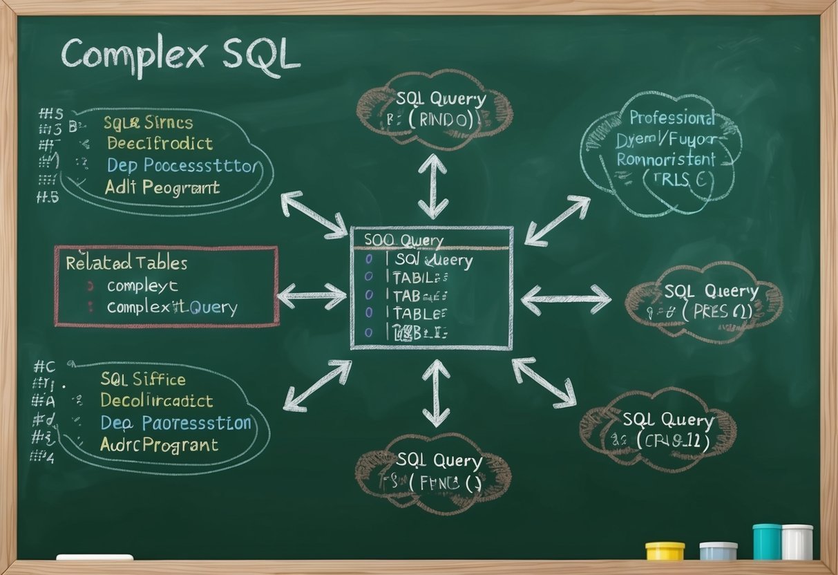 A chalkboard with a complex SQL query and arrows connecting related tables