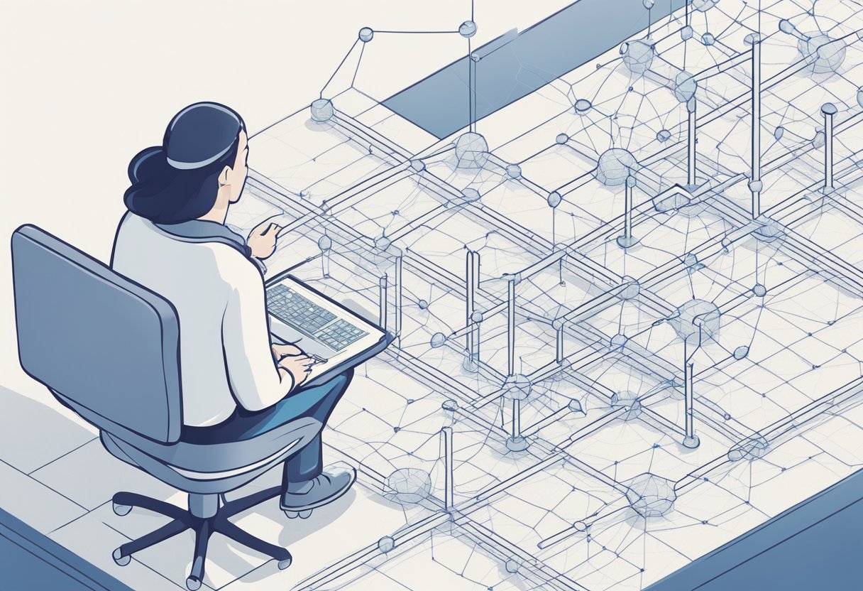 A person sketching a complex web of interconnected nodes and lines, symbolizing a relational database design