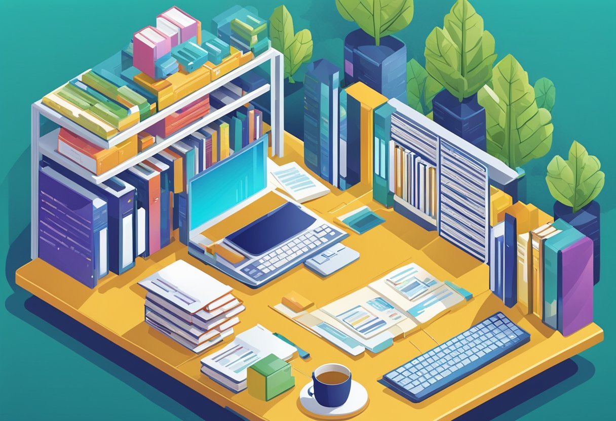 A person at a desk, studying a book on database design with a laptop open to a database management software interface