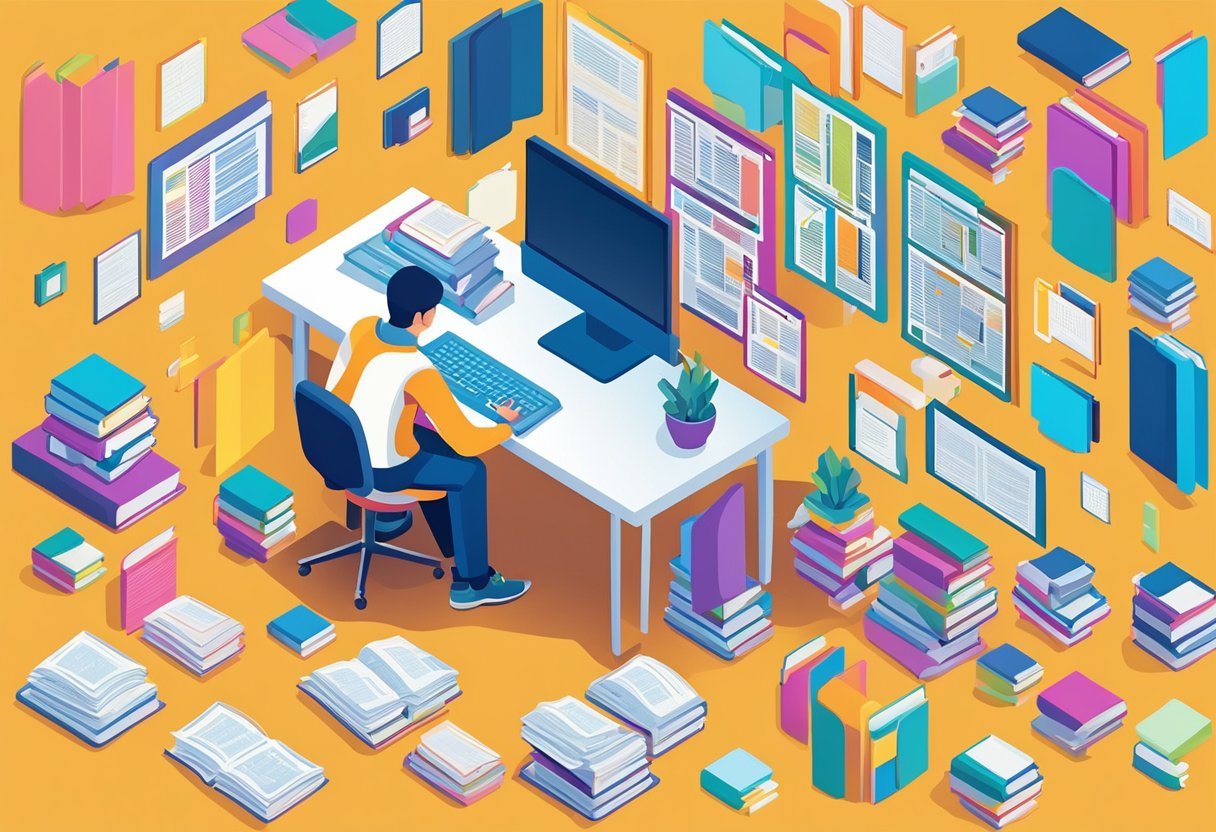 A person at a computer, surrounded by books and papers, studying database design concepts