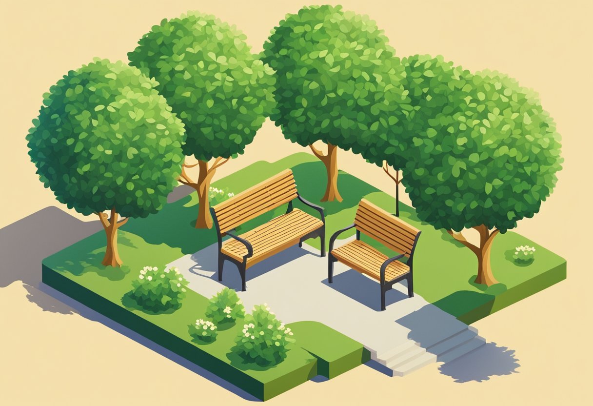 A couple sitting on a park bench, facing each other and engaged in deep conversation. The surrounding nature is lush and serene, creating a peaceful atmosphere