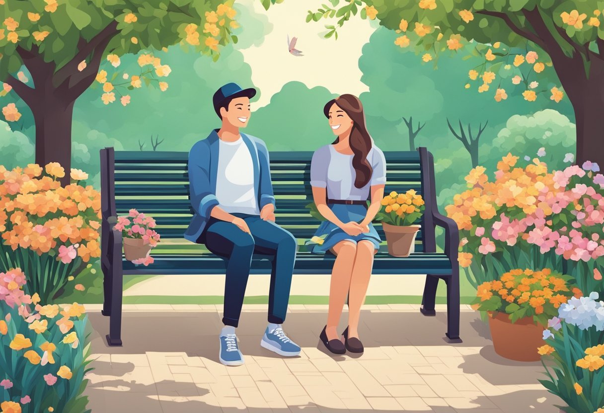 A couple sitting together on a park bench, smiling and enjoying each other's company while surrounded by blooming flowers and a peaceful setting