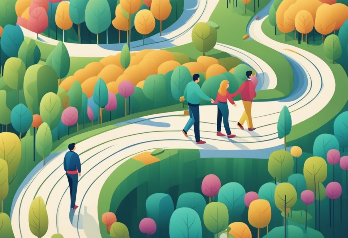 A couple walks along a winding path, passing through various stages of a relationship - from holding hands to sitting apart, symbolizing different transitions