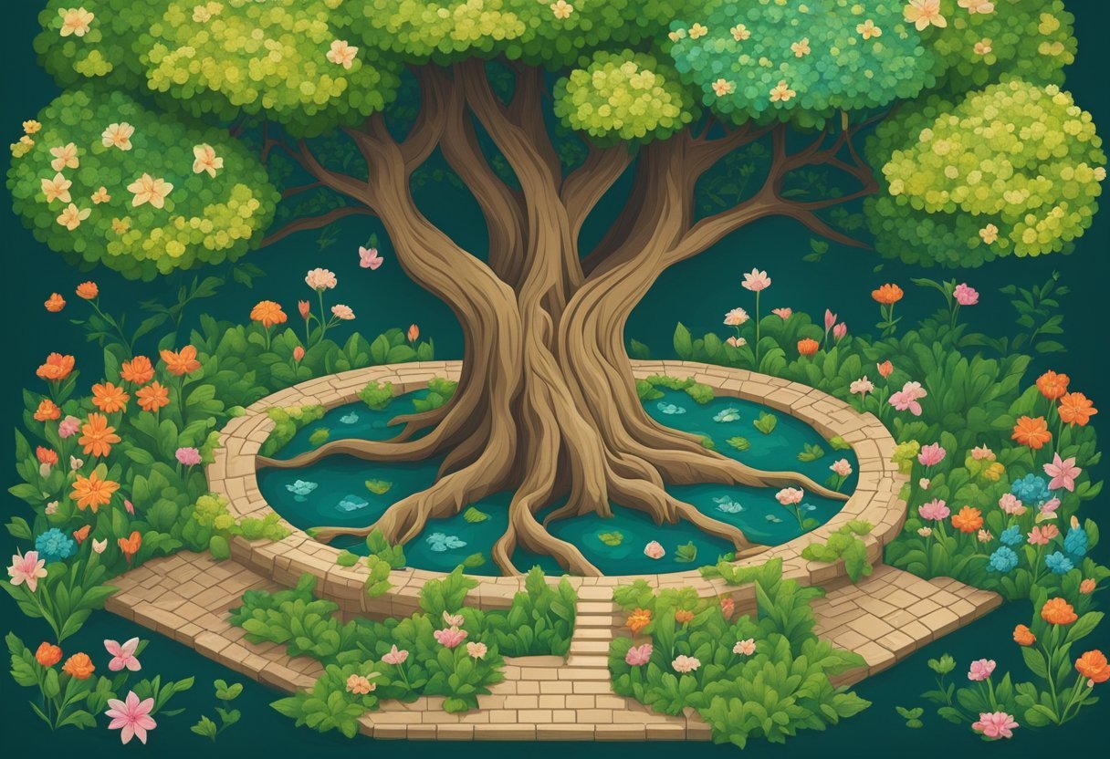 A tree with intertwining roots and branches, surrounded by blooming flowers and thriving plants, symbolizing interconnected and enduring relationships