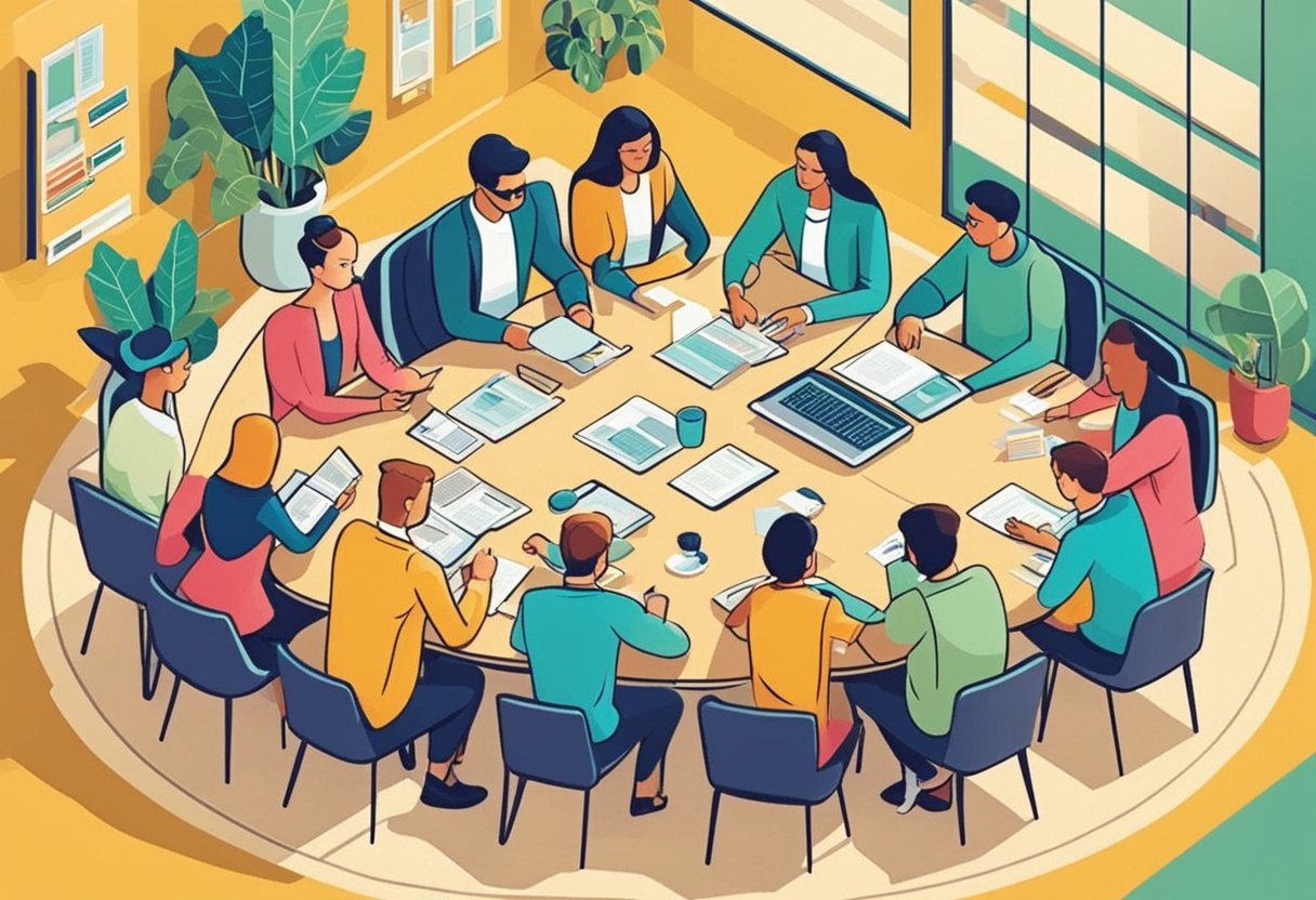 A group of people gathered around a table, engaged in conversation and sharing information. A sense of curiosity and learning is evident in their body language