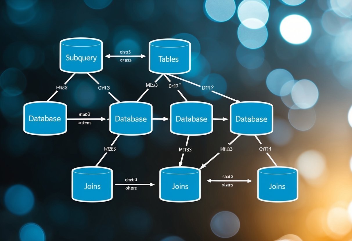 A database diagram with multiple tables connected by lines, with subqueries and joins highlighted