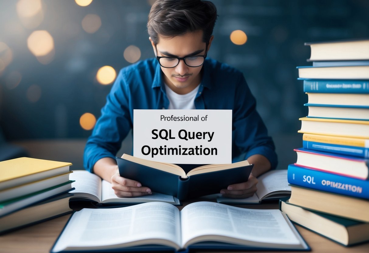 A person studying a book on SQL query optimization, surrounded by open textbooks and a laptop with code on the screen