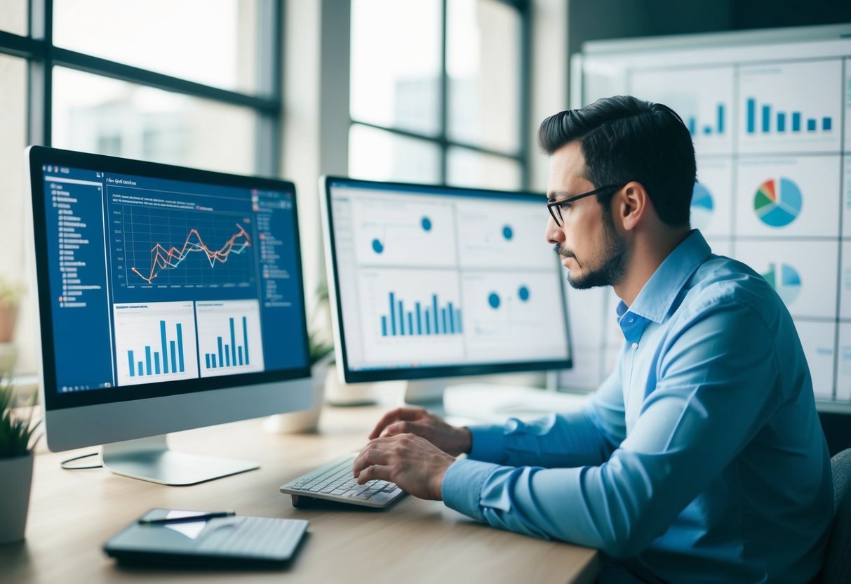 A person analyzing and tuning SQL queries on a computer, surrounded by charts and graphs