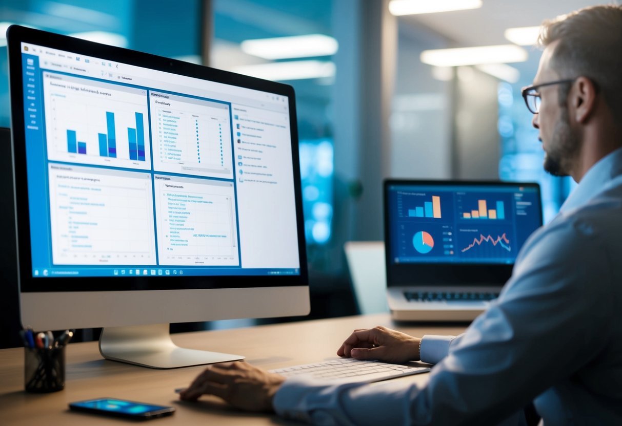 A computer screen displaying a database system interface with multiple query execution windows and resource monitoring graphs
