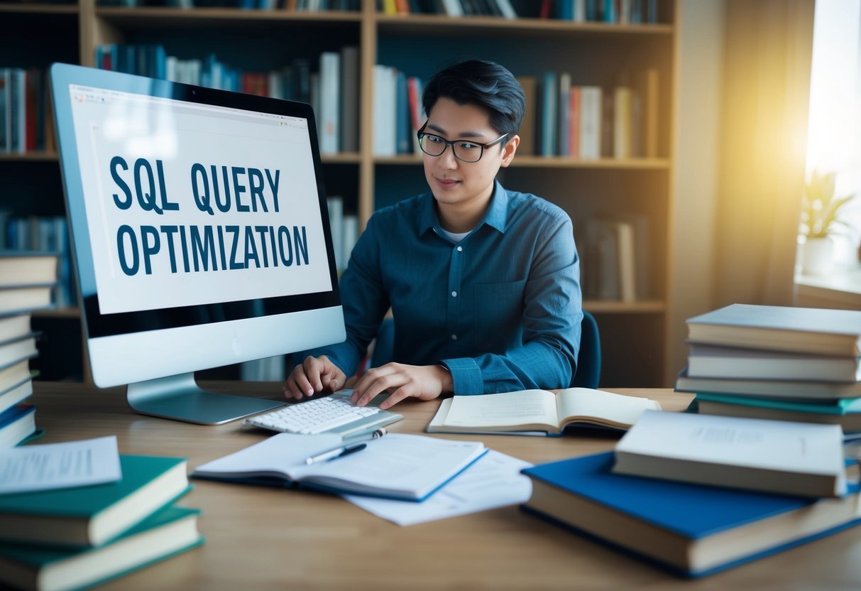 A person working at a computer, surrounded by books and papers, studying SQL query optimization