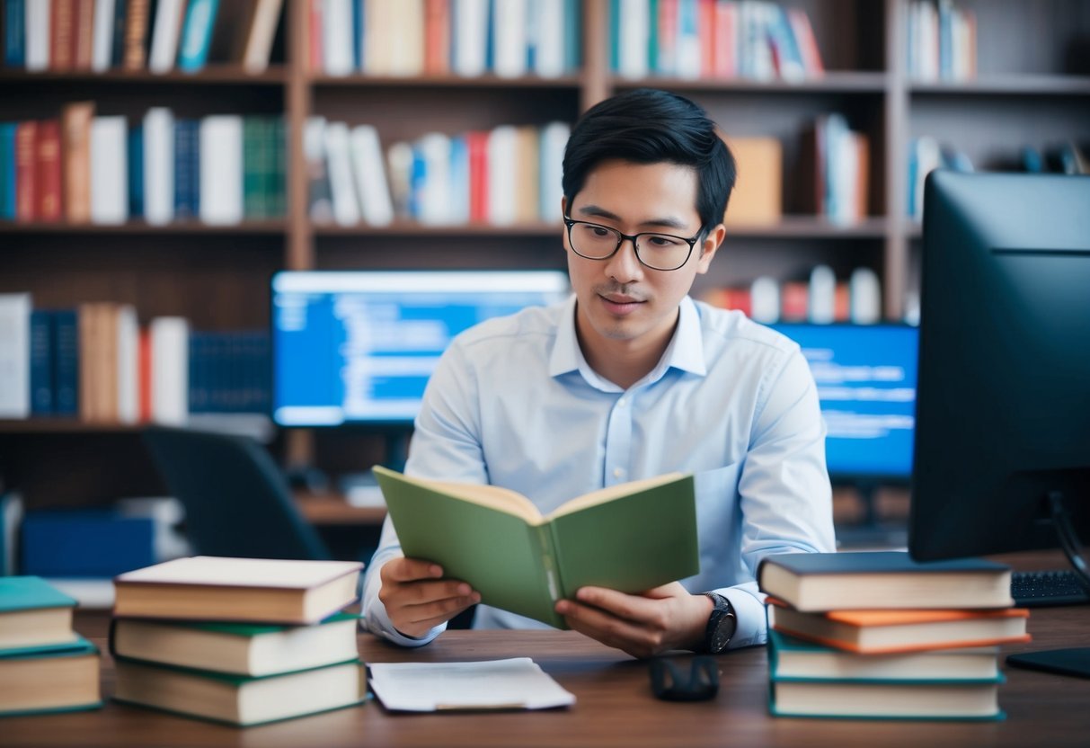 A person researching and reading about SQL query optimization, surrounded by books and computer screens
