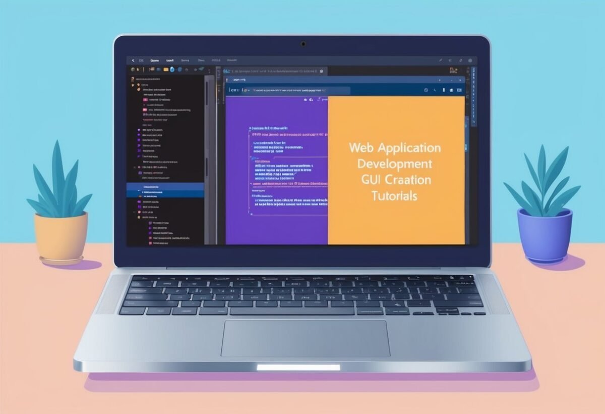 A laptop displaying a Jupyter Notebook with a web application development interface and GUI creation tutorials open