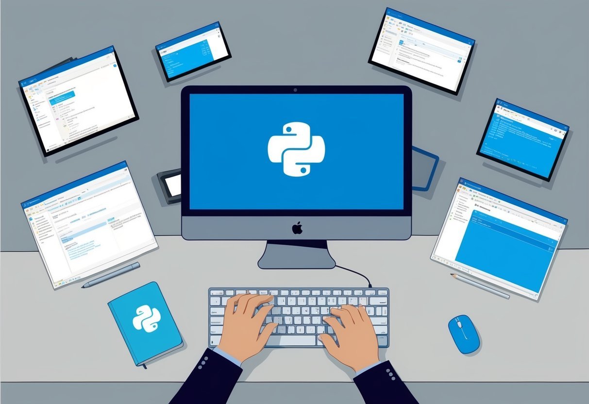 A person typing on a computer, with a Jupyter Notebook open, surrounded by various windows and tabs related to GUI creation