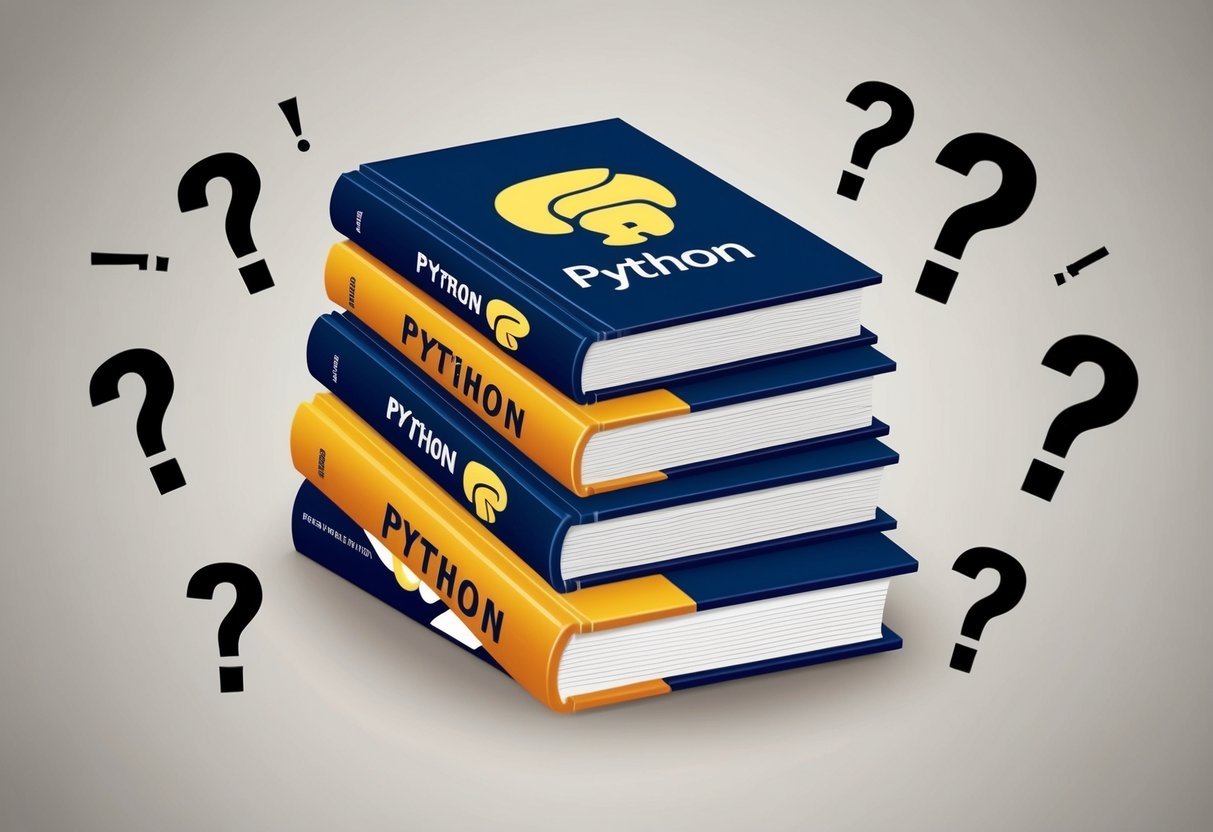 A stack of books with Python logos, surrounded by question marks and exclamation points