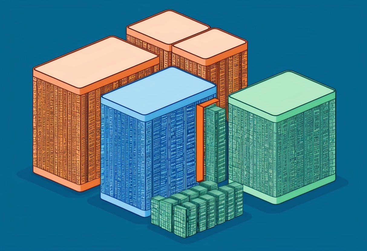 Multiple large data tables merging into one, symbolizing optimization and learning about Pandas to concatenate dataframes