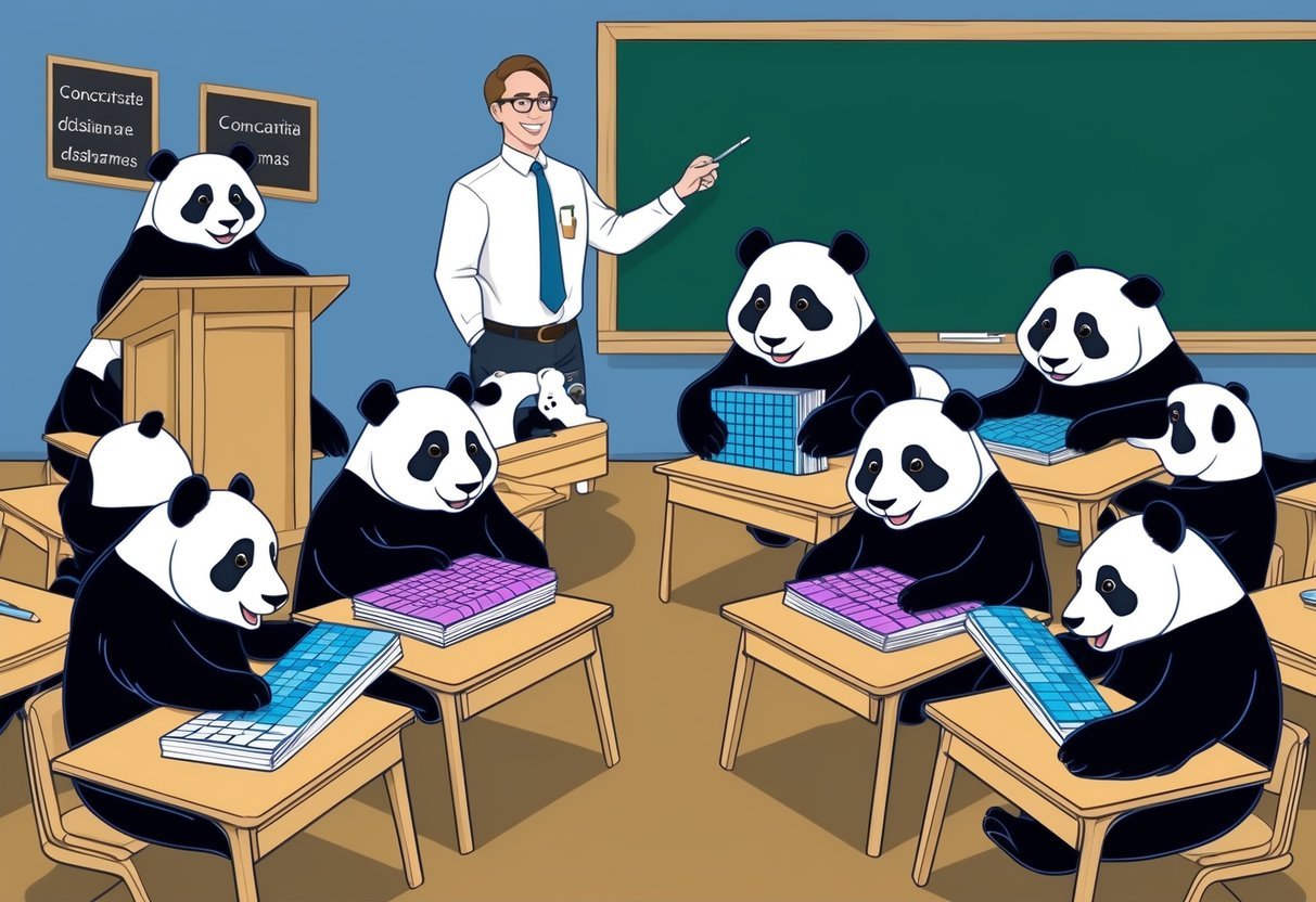 Multiple pandas learning to concatenate dataframes in a classroom setting with a chalkboard and teacher