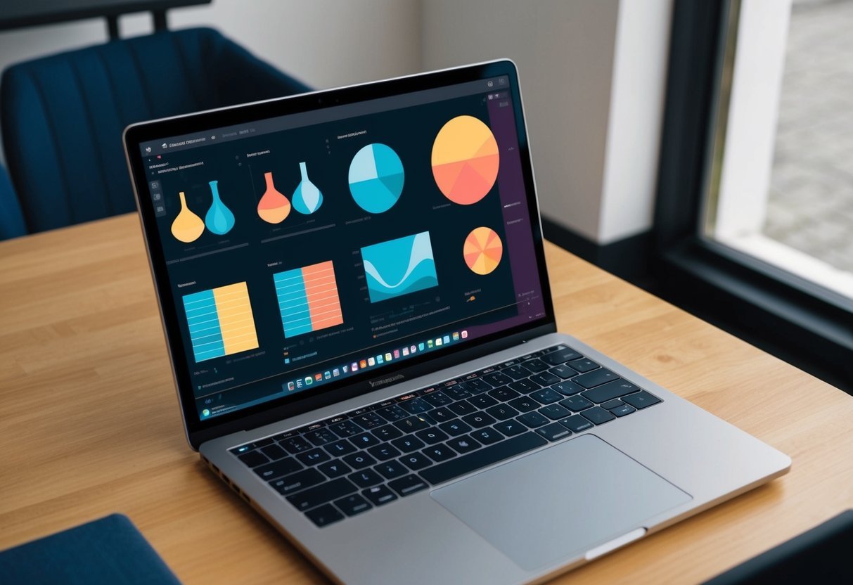An open laptop displaying a colorful interactive visualization with various Matplotlib figure objects