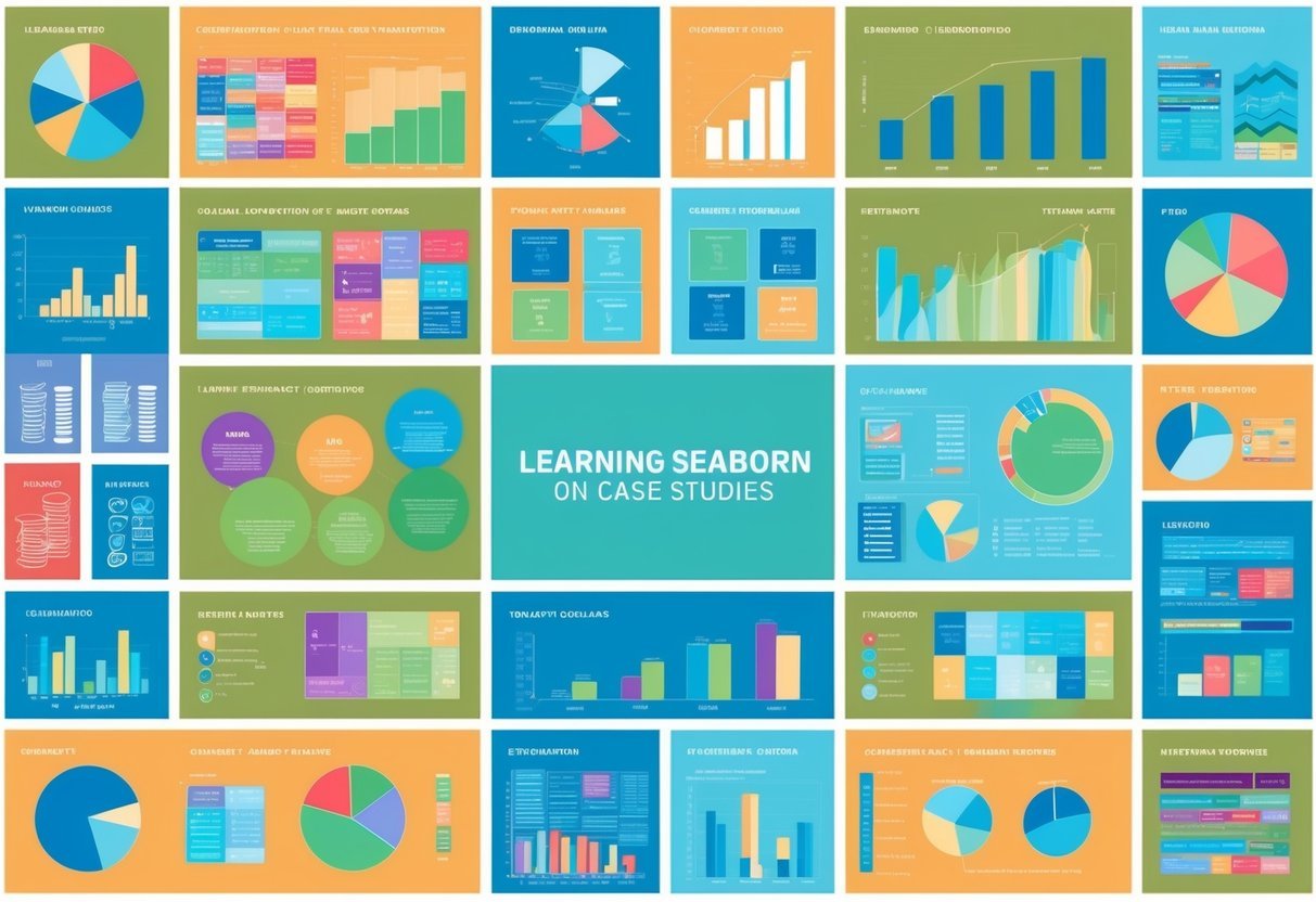 A colorful grid of data visualizations with various charts and graphs representing real-world examples and case studies on learning Seaborn
