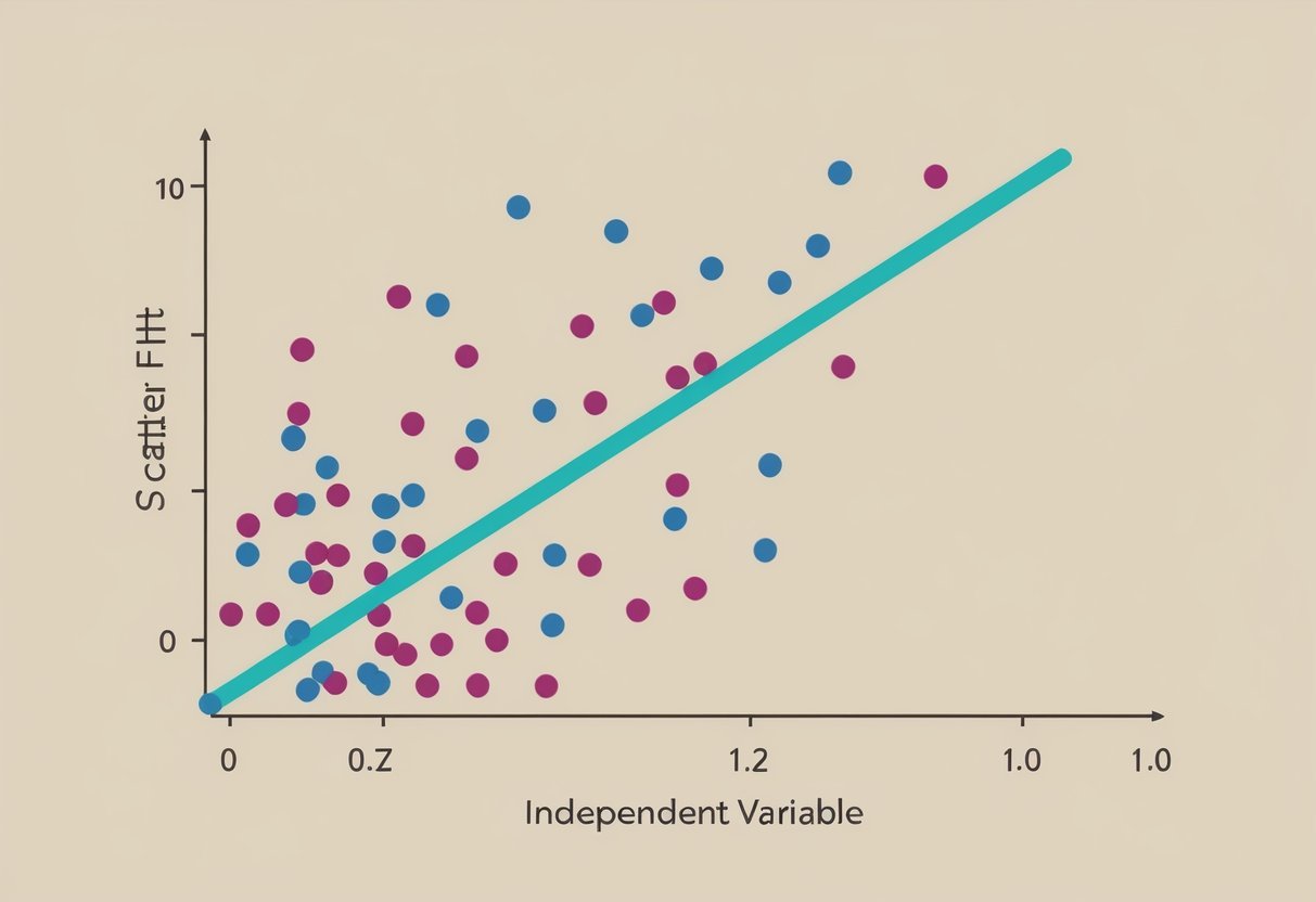 A scatter plot with a line of best fit and residual points scattered around it, showing the relationship between the independent and dependent variables